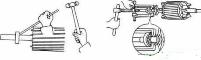 圖1-1-3使用拉拔器拆卸軸承。圖1-1-4取下軸承的絲錐